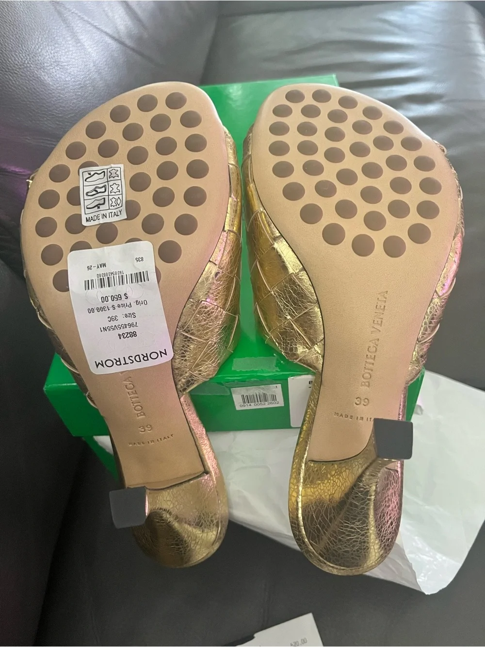 Bottega Veneta Metallic Gold Intrecciato Slide Mules